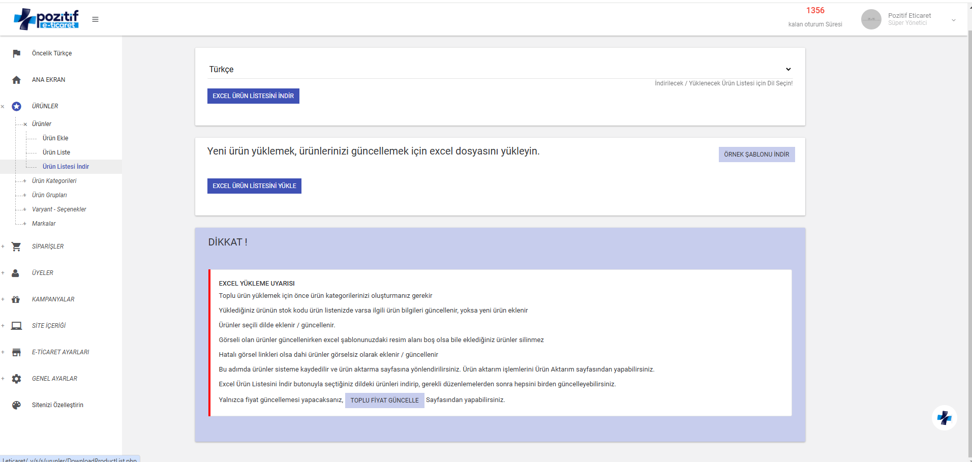 Excel Ürün Yükleme ve Yönetimi